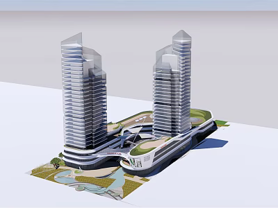 Modern High Rise Office Buildings With Green Space And Connecting Structure 3d model