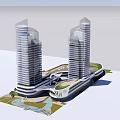 Modern High Rise Office Buildings With Green Space And Connecting Structure