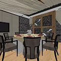 Elegant Private Dining Room With Round Table Tablecloth Chairs TV And Ceiling Decor