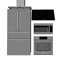 Modern Stainless Steel Kitchen Appliances Including Refrigerator Microwave Oven And Cooktop
