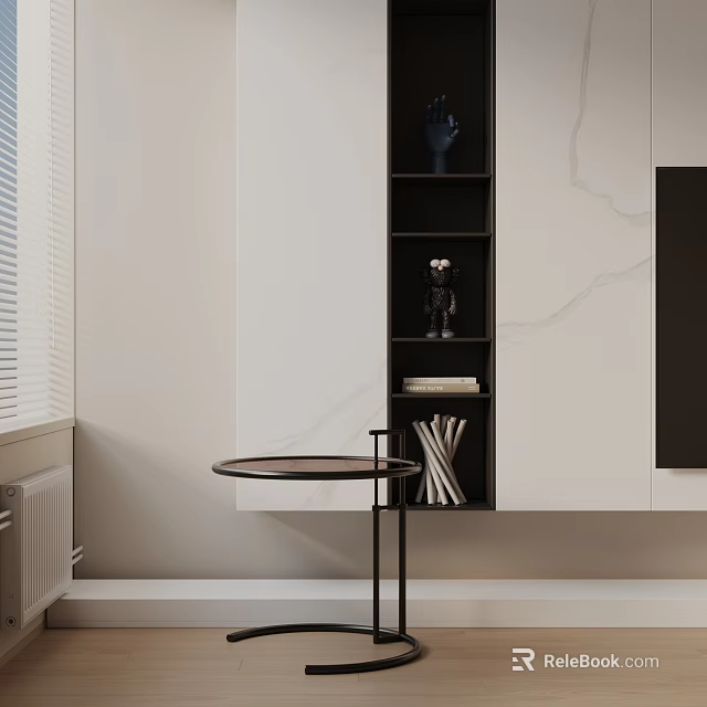 Round Top Side Table In Modern Interior With Black Shelf And Decorative Items 3d model