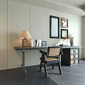Modern Desk Design With Table Lamp Books Photo Frames Wall Art And Wicker Chair