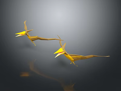 Two Yellow 3D Geometric Pterodactyl Models Against Grey Background With Reflection 3d model