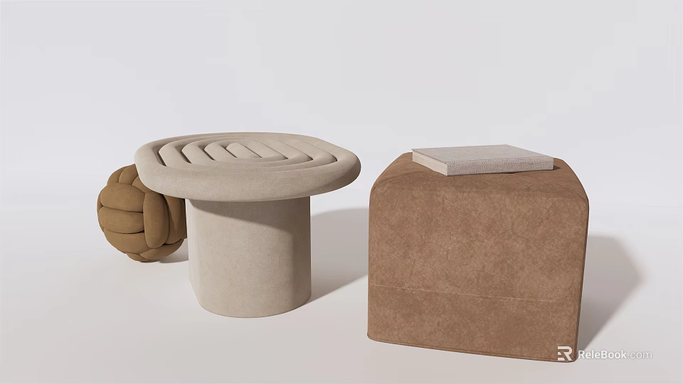 Stylish Modern Sofa Stools Featuring Beige And Brown Upholstery With Round And Square Shapes 3d model 