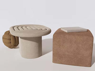 Stylish Modern Sofa Stools Featuring Beige And Brown Upholstery With Round And Square Shapes 3d model