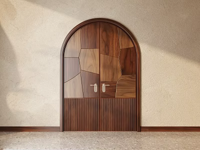 Wooden Double Doors Featuring Patchwork Design Arched Frame on Beige Wall Light Colored Floor 3d model