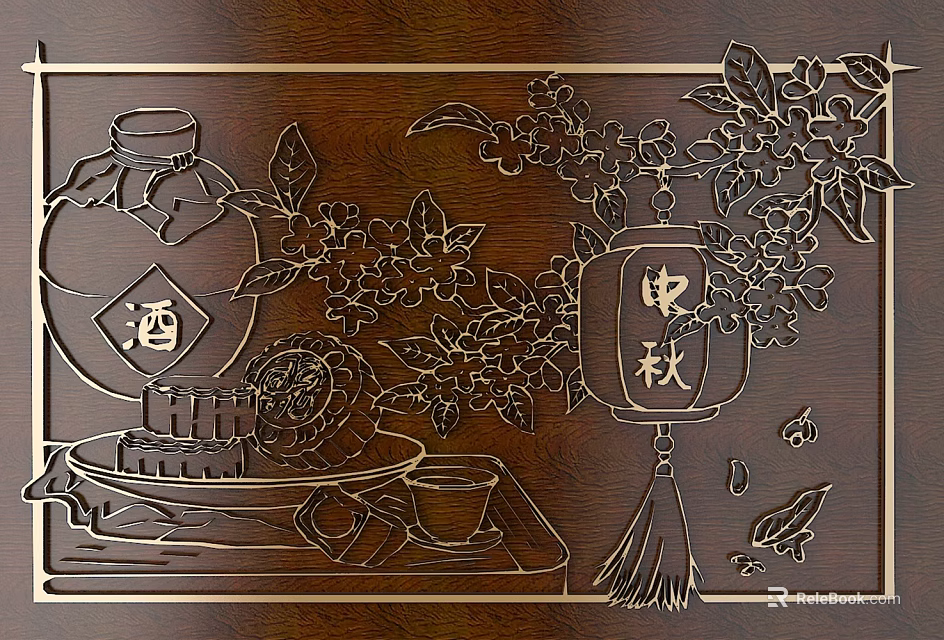 Traditional Wooden Carving With Wine Jar Mooncake Lantern Flowers And Mid Autumn Theme 3d model 