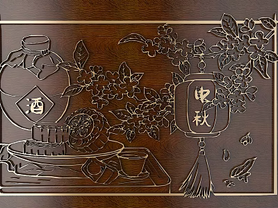 Traditional Wooden Carving With Wine Jar Mooncake Lantern Flowers And Mid Autumn Theme 3d model