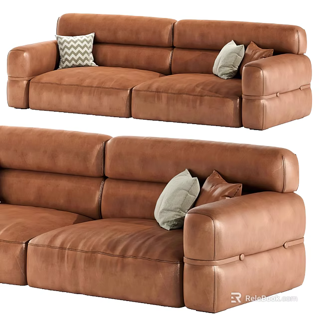 Modern Brown Leather Sectional Sofa With Gray And Brown Decorative Pillows 3d model