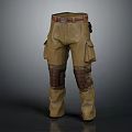 Brown Cargo Trousers With Multiple Pockets Knee Pads And Leather Belt