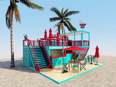 Colorful Container Building With Staircase Terrace Outdoor Seating Palm Trees And Umbrellas 3d model