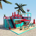 Colorful Container Building With Staircase Terrace Outdoor Seating Palm Trees And Umbrellas