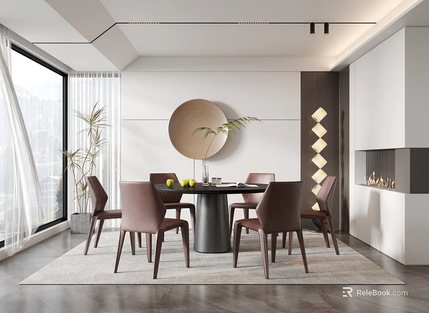 Modern Restaurant Interior Featuring Round Dining Table Brown Chairs Circular Wall Decor And Large Windows 3d model 