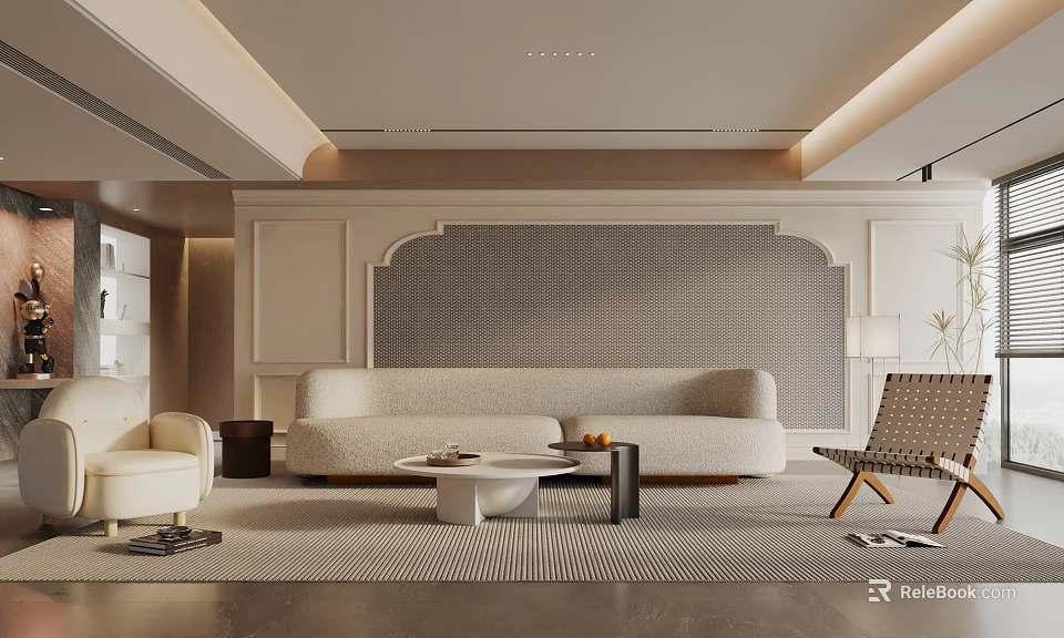 Modern Living Room Interior With Beige Sofa Geometric Rug And Decorative Wall 3d model 