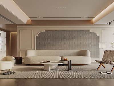 Modern Living Room Interior With Beige Sofa Geometric Rug And Decorative Wall 3d model