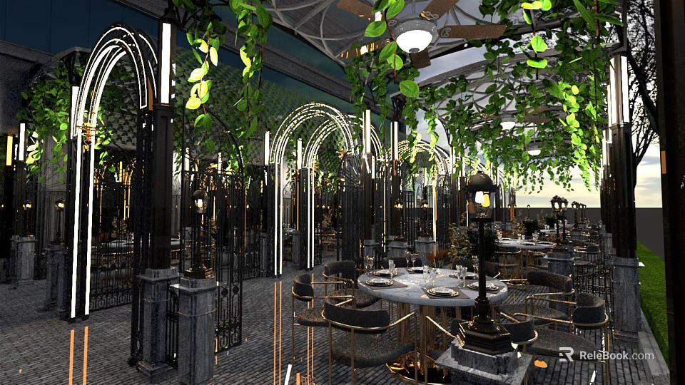 Modern Elegant Restaurant Interior With Arched Design Green Vines And Marble Tables 3d model 