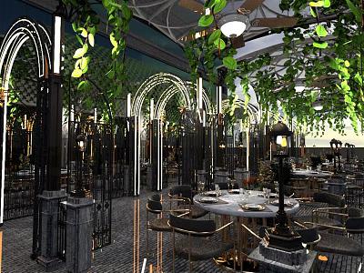 Modern Elegant Restaurant Interior With Arched Design Green Vines And Marble Tables 3d model