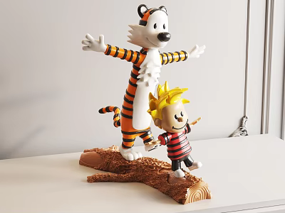 Playful Tiger Doll With Striped Outfit And Boy Doll Standing On Wooden Base 3d model
