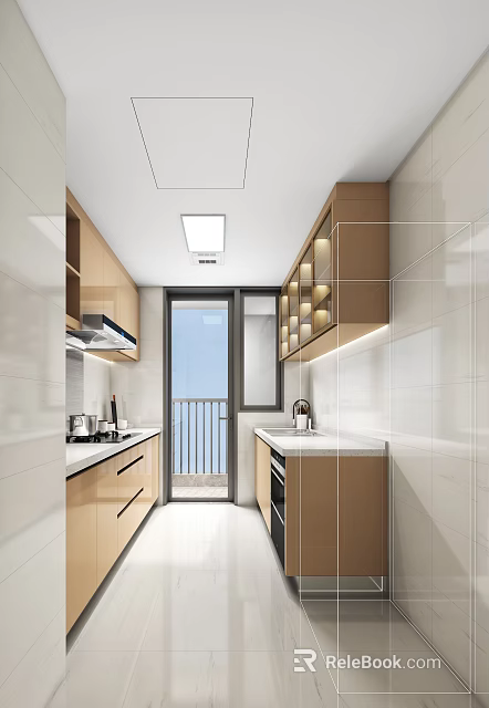 Modern Kitchen Interior Design With Wooden Cabinets White Counter Lighting And Sliding Door 3d model 