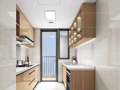 Modern Kitchen Interior Design With Wooden Cabinets White Counter Lighting And Sliding Door 3d model