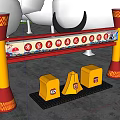 Red And Yellow Decorative Columns Archway With Banner And Yellow Structures Below 3d model