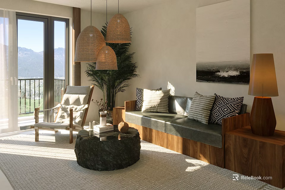 Boutique Guesthouse Living Space With Rattan Pendant Lights Wooden Sofa Stone Coffee Table And Mountain View Windows 3d model 