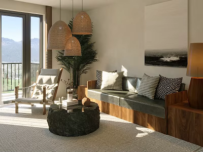Boutique Guesthouse Living Space With Rattan Pendant Lights Wooden Sofa Stone Coffee Table And Mountain View Windows 3d model