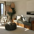 Boutique Guesthouse Living Space With Rattan Pendant Lights Wooden Sofa Stone Coffee Table And Mountain View Windows