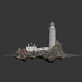 Cozy Wooden House On Rocky Island With Lighthouse Ocean Waves And Red Buoy