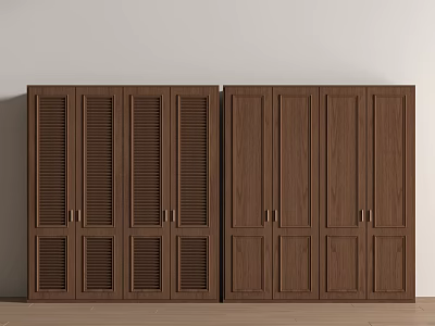 Brown Wooden Wardrobes Featuring Louvered And Flat Panel Doors With Metal Handles On Wooden Floor 3d model