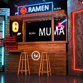 Vibrant Neon Ramen Shop Interior With MUMA Sign Bar Counter Stools And Brick Walls