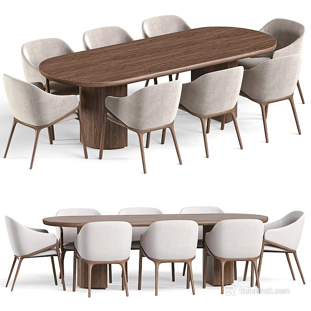 Modern Wooden Dining Table Set With 8 Light Gray Upholstered Chairs 3d model