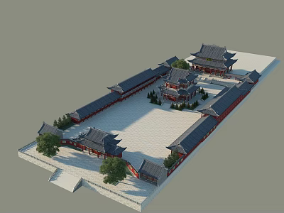 Traditional Chinese Ancient Architecture Courtyard Layout With Curved Tile Roofs And Garden Trees 3d model
