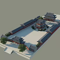 Traditional Chinese Ancient Architecture Courtyard Layout With Curved Tile Roofs And Garden Trees