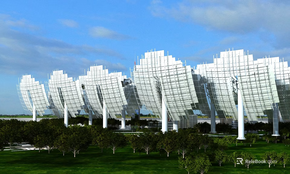 White Framed Solar Panels Array In Green Grass Field Under Blue Sky 3d model 