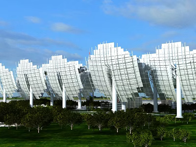 White Framed Solar Panels Array In Green Grass Field Under Blue Sky 3d model