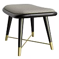 Modern Stool With Light Gray Textured Fabric Cushion And Black Legs With Gold Accents
