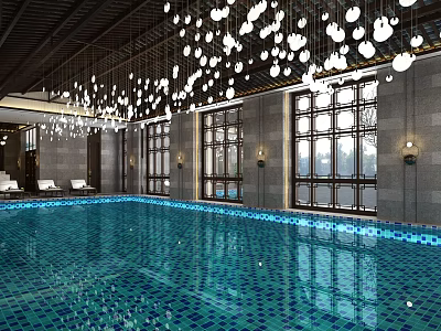 Luxury Clubhouse Indoor Pool With Blue Mosaic Tiles Large Windows Hanging Lights And Lounge Chairs 3d model
