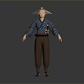 Traditional Asian Character Wearing Conical Hat Blue Top Brown Pants With Sword At Waist