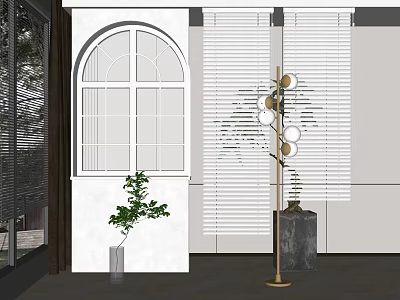 White Window Blinds In Modern Interior With Arched Window Green Plant And Floor Lamp 3d model