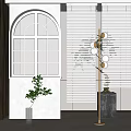 White Window Blinds In Modern Interior With Arched Window Green Plant And Floor Lamp