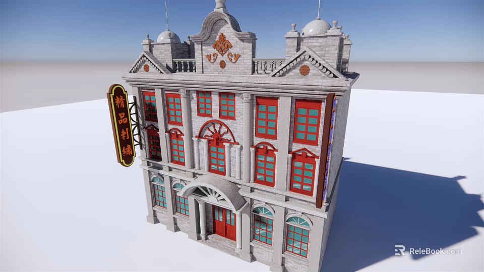 Ancient Chinese Architecture With Red Doors Windows White Walls And Decorative Signboard 3d model 