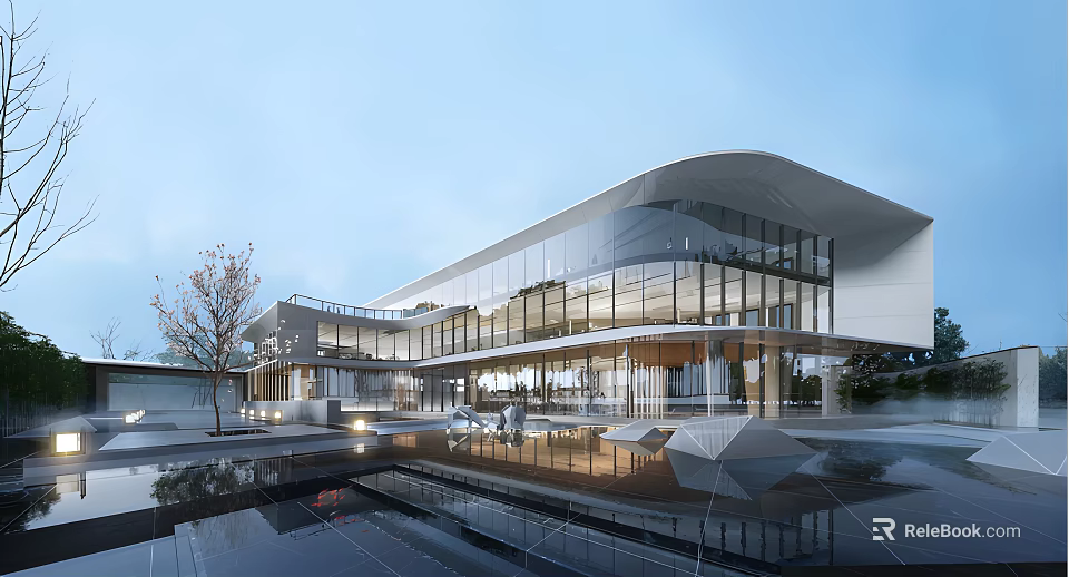 Modern Sales Office Building with Glass Curtain Wall Sleek Roof and Water Reflection 3d model