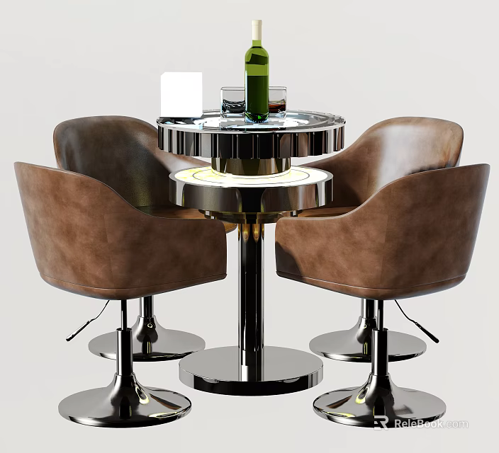 Contemporary Round Table and Brown Leather Chair Set with Metal Frame and Green Bottle 3d model 