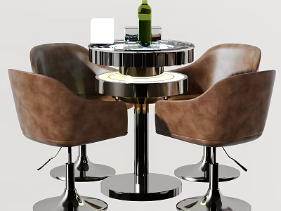 Contemporary Round Table and Brown Leather Chair Set with Metal Frame and Green Bottle 3d model