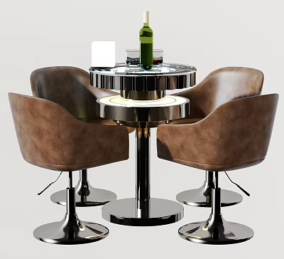 Contemporary Round Table and Brown Leather Chair Set with Metal Frame and Green Bottle 3d model