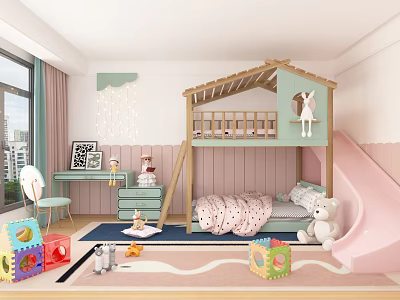 Kids Room Interior Design with Wooden Bunk Bed Pink Slide Colorful Toys and Study Desk 3d model