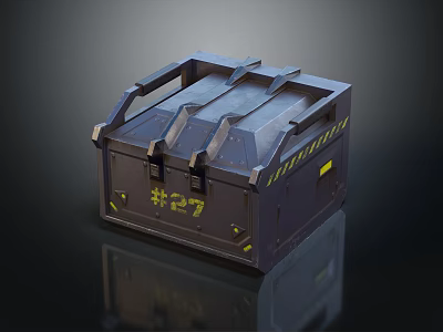 Dark Colored Industrial Metal Crate With Yellow Markings Number 27 And Handles 3d model