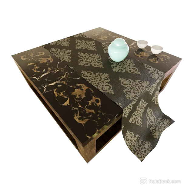 Black Gold Marble Patterned Coffee Table with Table Runner Light Blue Teapot and White Cups 3d model 