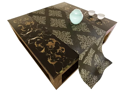 Black Gold Marble Patterned Coffee Table with Table Runner Light Blue Teapot and White Cups 3d model